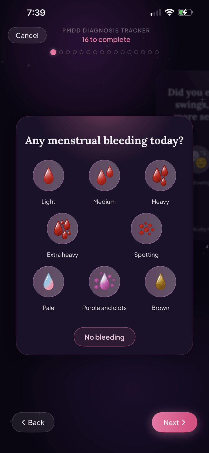 PMDD diagnosis tracker check-in asking about menstrual bleeding