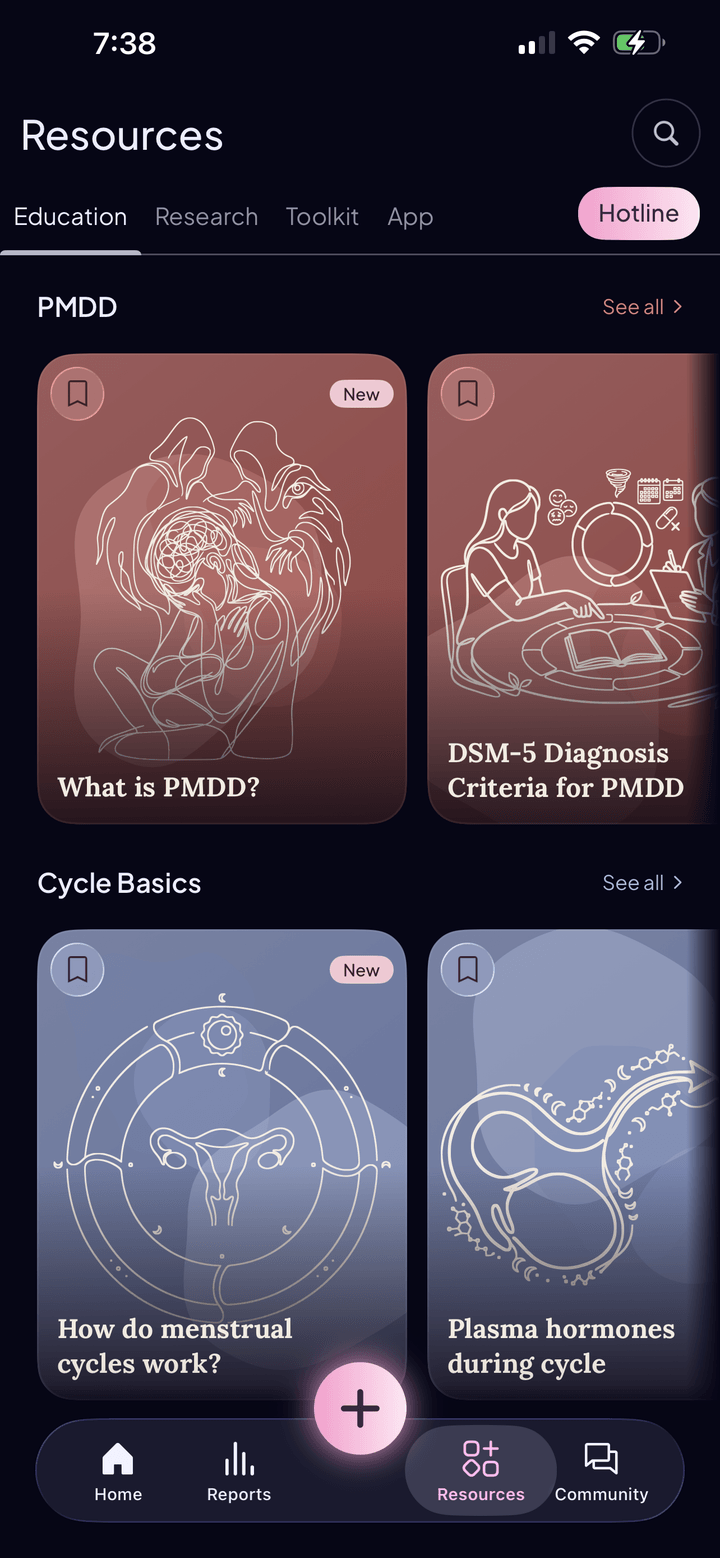 Resources tab with PMDD and cycle basics education cards